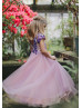 Pink Lavender Floral Appliques Tulle Dreamy Flower Girl Dress